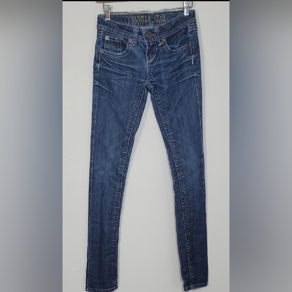 Vanilla Star Womens Low Rise Skinny Jeans Size 0 Whisker Y2K Stitching Dark Wash